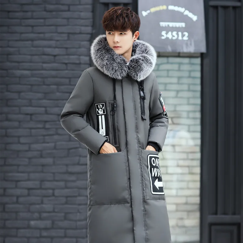 

Fashion youth popular style white duck down men's down jacket casual solid color hooded fox big fur collar long cotton jackets