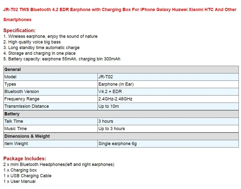 Joyroom T02 наушники-вкладыши TWS Bluetooth 4,2 наушники с поддержкой EDR с зарядным устройством, например, для iPhone, для Samsung Galaxy Huawei Xiaomi HTC и Другое смартфонов