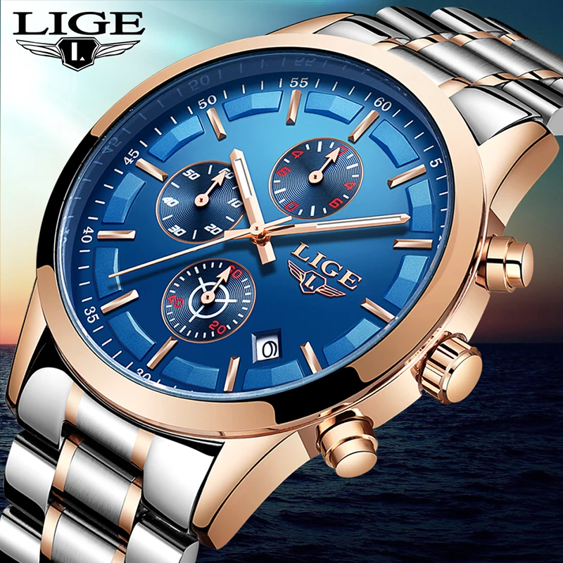 

LIGE New Mens Watches Top Brand Luxury Casual Fashion Watch Mens Stainless Steel Quartz Watch 30ATM Clock Relogio Masculino+Box