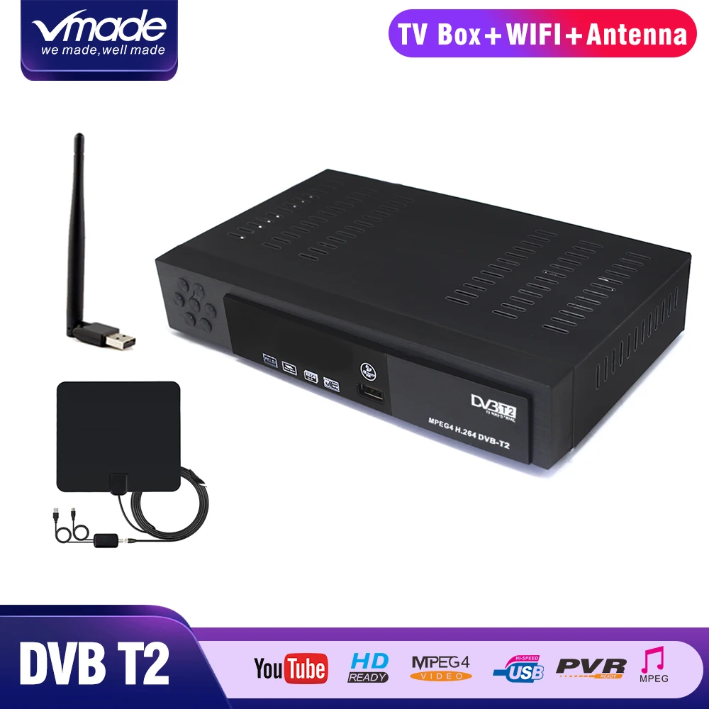 DVB-T2 Full HD 1080p цифрового наземного приемник Поддержка Youtube DVB ТВ телеприставка + USB Wi Fi адаптер с внутренней телевизионные антенны