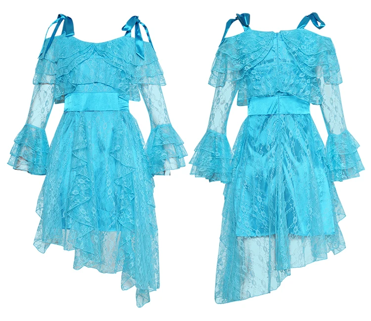 Элегантный Винтаж Цвет Небесно-голубой; кружевные вечерние платья Для женщин весеннее платье с длинными расклешенными рукавами Starpless нерегулярные миди платье Vestidos