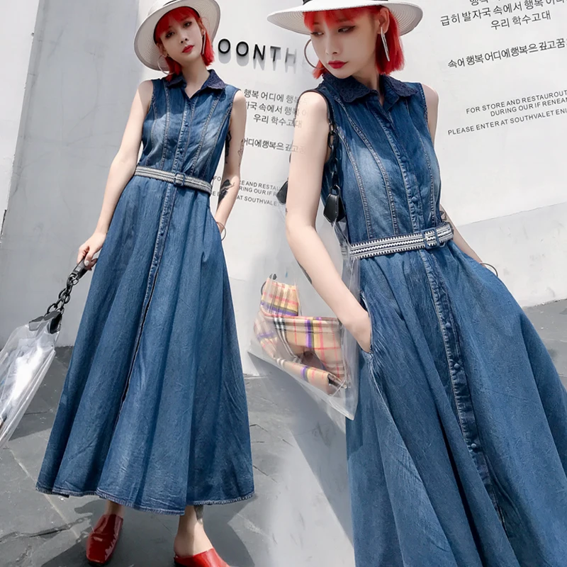 

Summer Women Dress 2019 Blue Denim Dress Sleeveless Collar Pin Up Boho Belt Retro Long Jeans Denim Vest Dresses