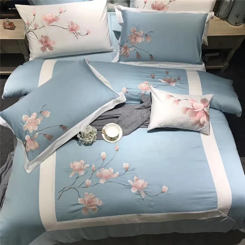 

Sky Blue Exquisite Embroidery in Modern Style King Queen Bedding Set Duvet Cover Bed Linen Bed sheet Pillowcases 4/6/7Pcs