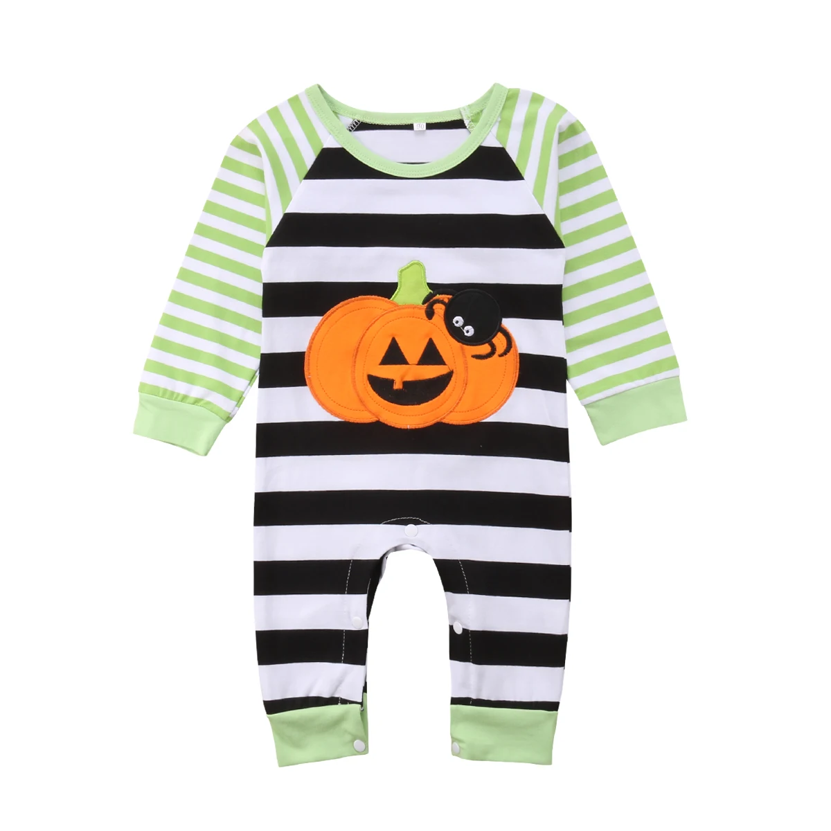 

2018 Newborn Baby Kids Boys Girls Long Sleeves Pumpkin Romper Jumpsuit Green Striped Cotton Outfit Autumn Halloween Set