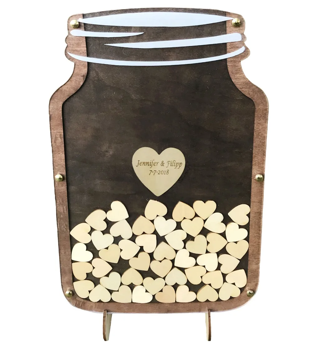 Personalized Wedding Party Guest Book Alternative Wooden Hearts Drop Jar Box 