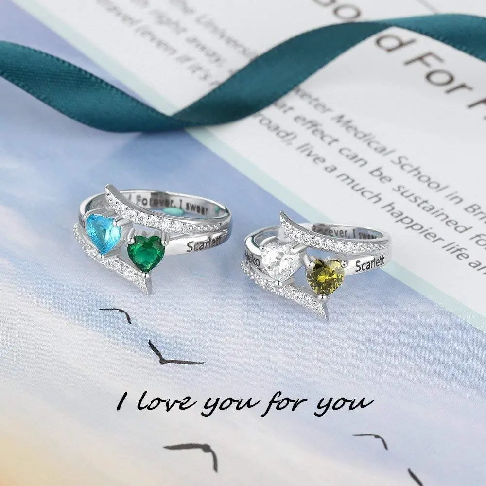 Amxiu Personalized Wedding Ring Custom Two Names Rings 925 Sterling Silver Ring with Birthstones Name Ring For Women Accessories