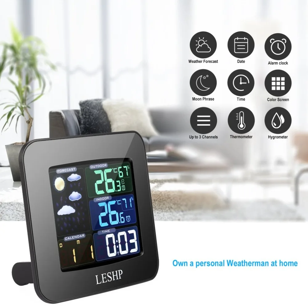 

LESHP Indoor Outdoor Temperature Thermometer Weather Station With Colorful Display Alarm Clock Calendar External sensor