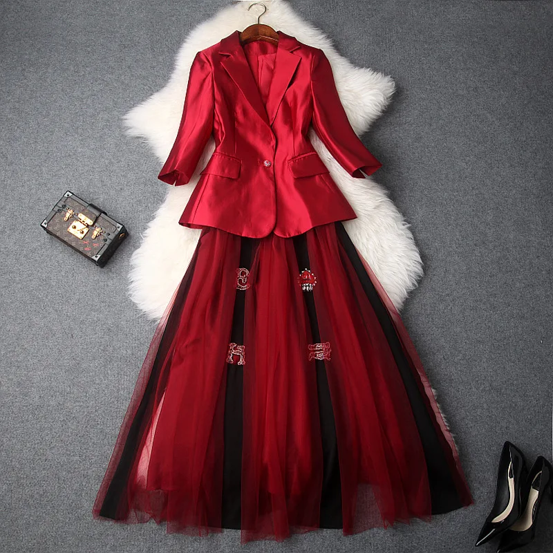 Rok Past Vrouwen Herfst 2018 2018 Lady's Nieuwe Single Button Elegante Blazer + Romantische Mesh Midi Rok Met Diamanten 2 STUKS Sets Rok Past Vrouwen Herfst 2018 2018 Lady's Nieuwe Single Button Elegante Blazer + Romantische Mesh Midi Rok Met Diamanten 2 STUKS Sets