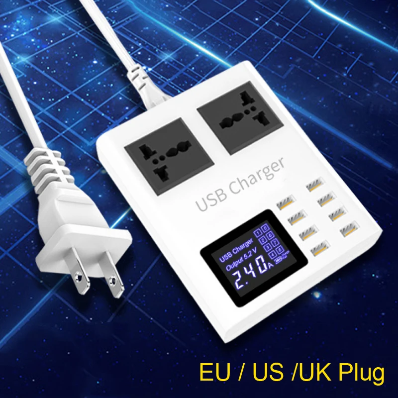 Original New 8-port USB Mobile Phone Charger LED Display + Dual AC Power Socket Universal Adapter US EU UK Plug Smart Charger
