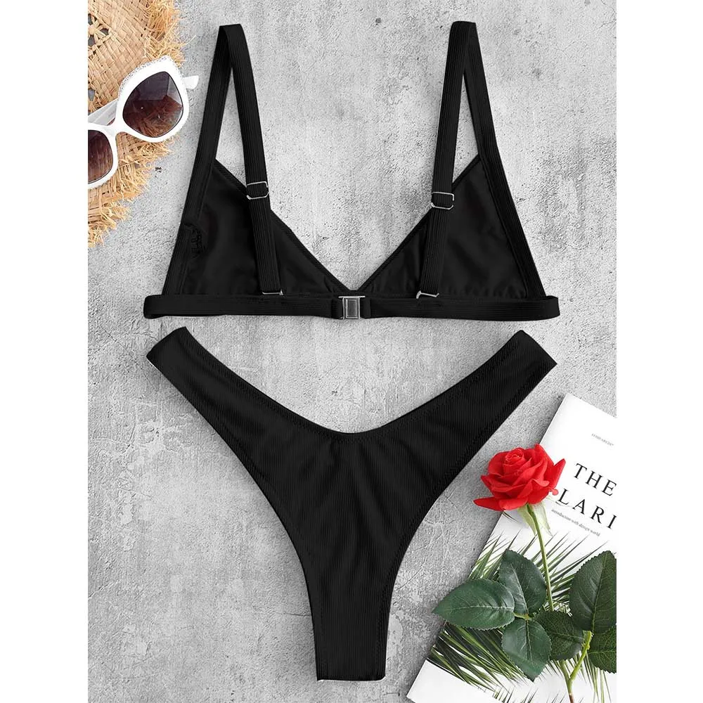 ZAFUL ضلع عالية قطع الساق مجموعة البكيني سلك شحن الأشرطة الصلبة لباس سباحة مثير النساء ملابس الصيف 2019 ثوب السباحة biquini