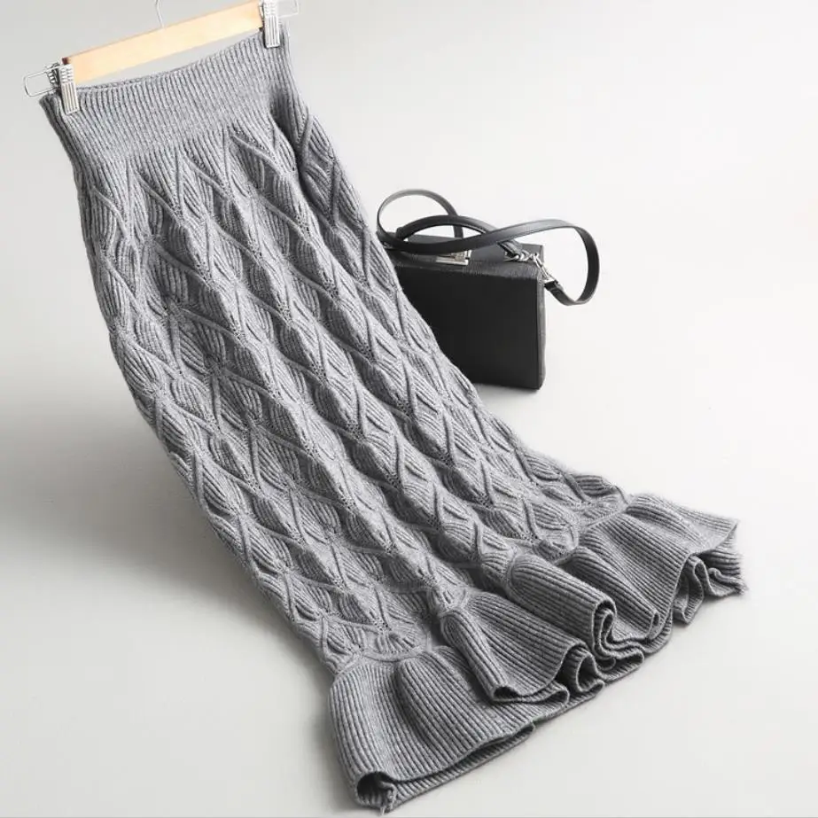 

Autumn Women Knitted trumpet Skirt Vintage High Waist Women Long Mermaid Skirt High Elastic Warm Ladies