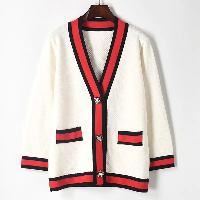 

Long Seeve V-neck with Pearl Beading Button Cardigan Women Color Striped Causal Loose Sweaters Black White Knit Coat