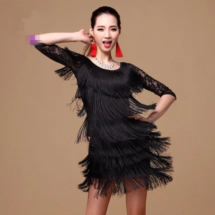 Платье для латинских танцев для взрослых европейский стиль Дети Женщины Румба Сумба латинская юбка с кисточками для танцев - Цвет: black Sleeves