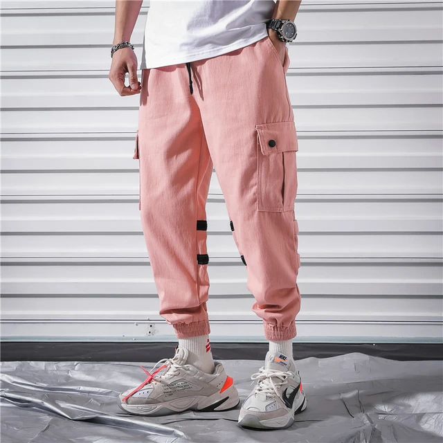 Cargo pants men cotton comfortable jogging pants trousers pink stitching  street casual pants | Wish