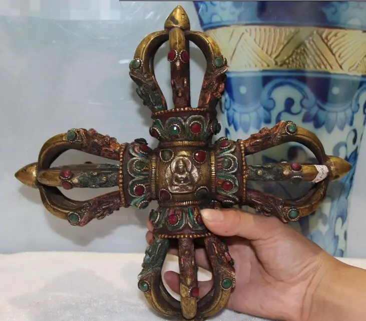 

free 10" Old Tibet Bronze Inlay Turquoise Coral Gem Shakyamuni Faqi Phurpa Statue fast