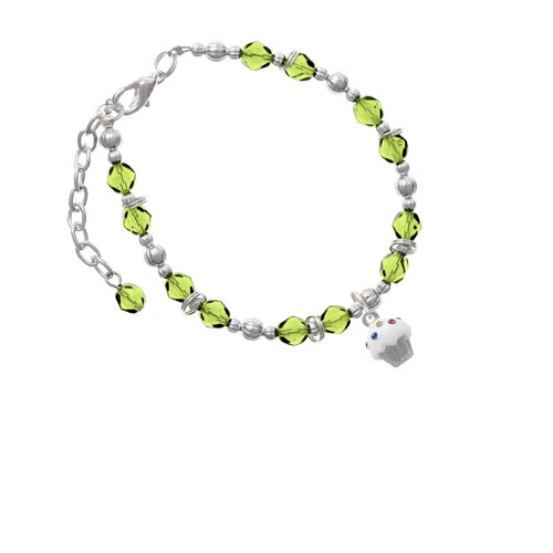 Silvertone Small White Cupcake with Crystal Sprinkles Lime Green Beaded Bracelet