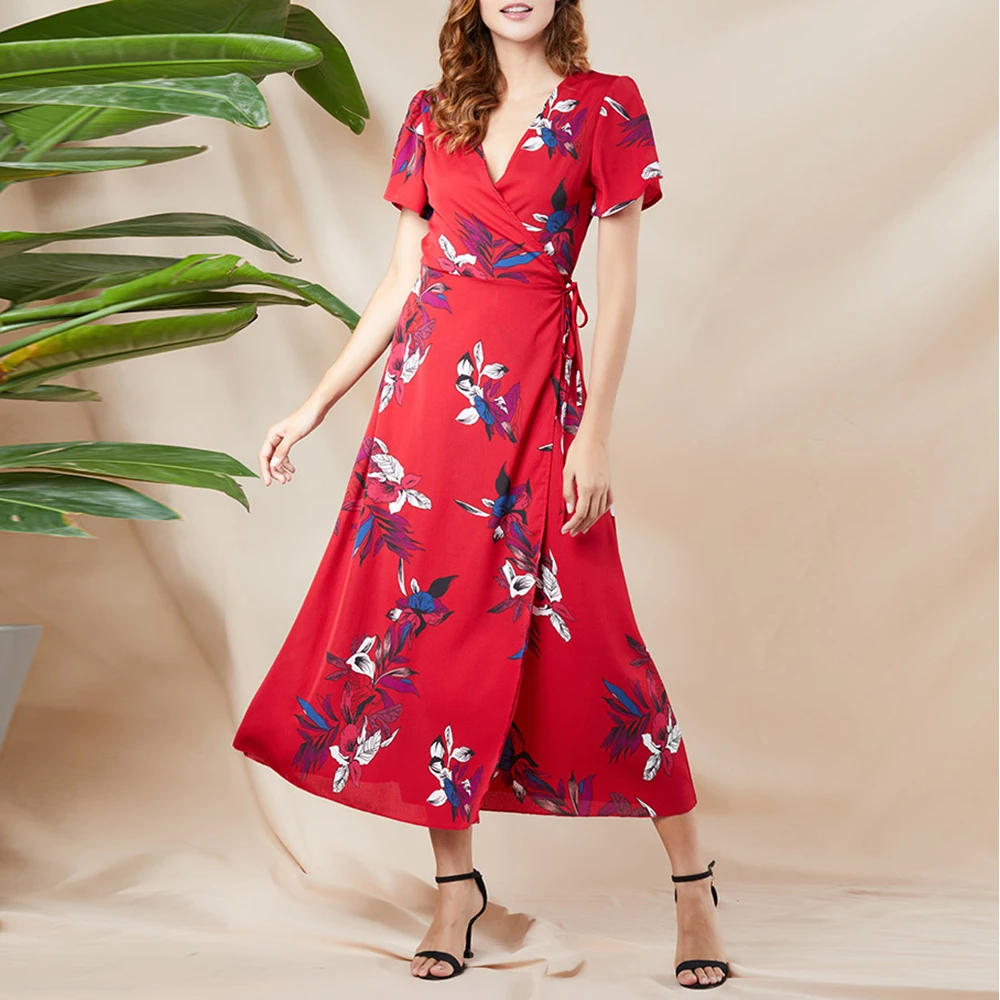 

Dress Women Boho Short Sleeve Print V Neck Bandage Split Maxi Dress Fashion Women Slim Elegant Party Dress Summer vestidos D30