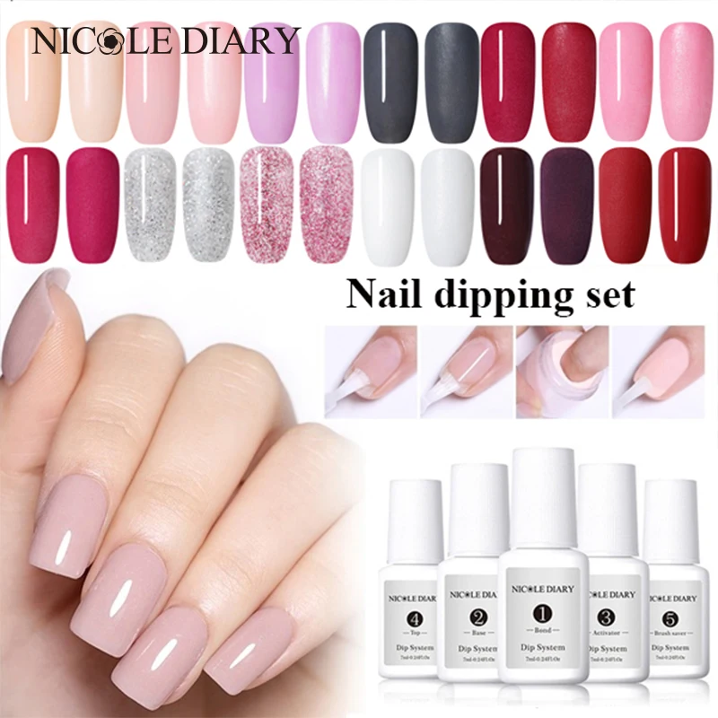 

NICOLE DIARY Dipping Nail Powder System Set Nail Dipping Acrylic Powder Base Top Gel Coat Activator Brush Saver Without Lamp