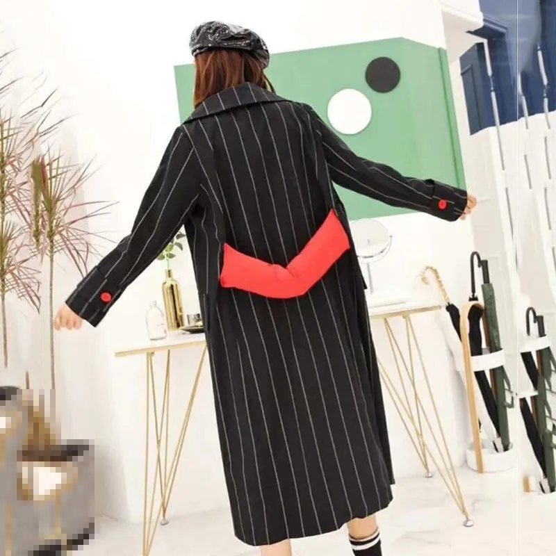 Tranchée 2018 Rayé De Coupe Breasted Vêtements vent Double Longues Manteau Chicever Long Revers Manches Femelle Femmes Black Windbreaker Automne 54x0a