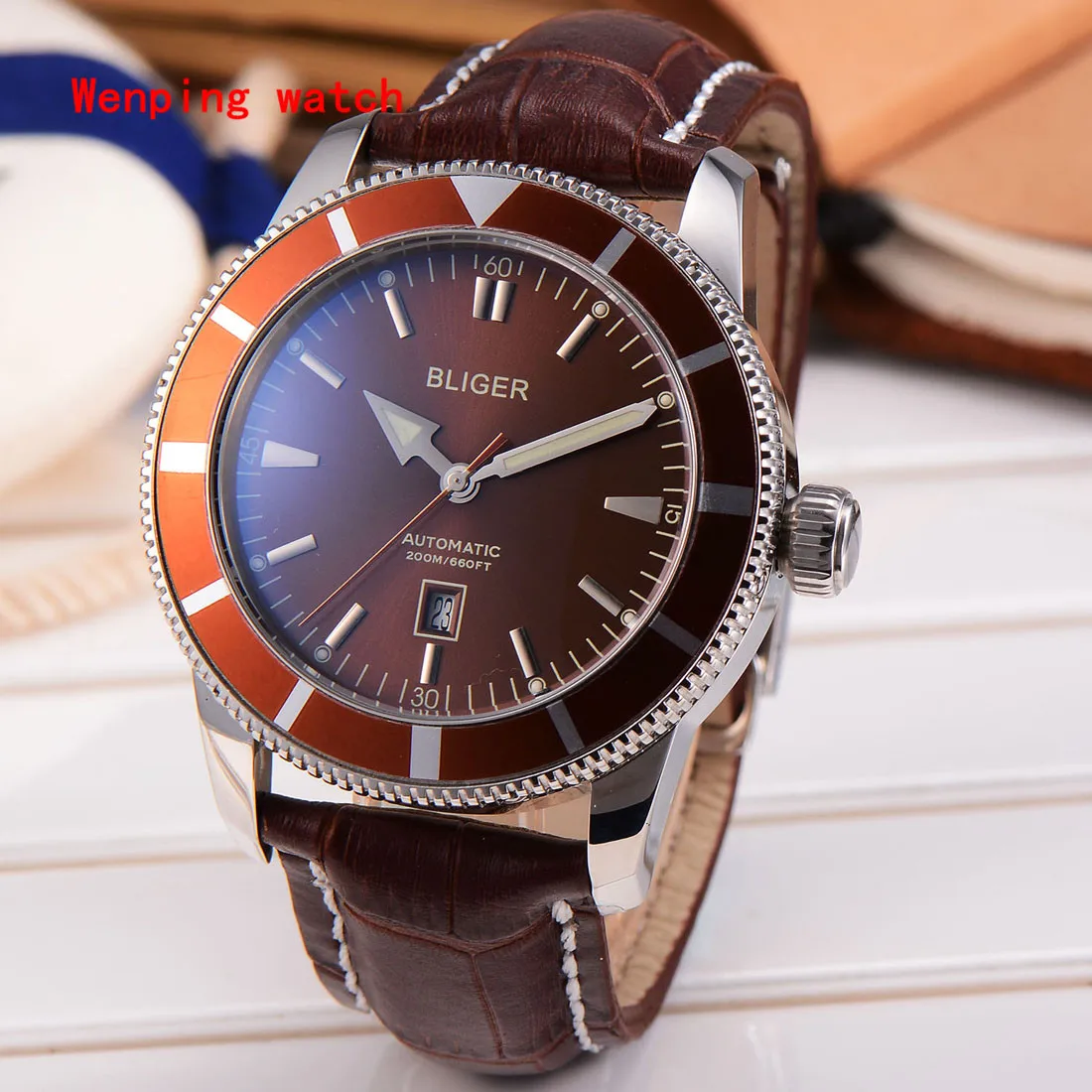

Fashion and luxury BLIGER 46mm Mechanical automatic mens Watch Rose sliver brushed solid stainless steel case coffee dial