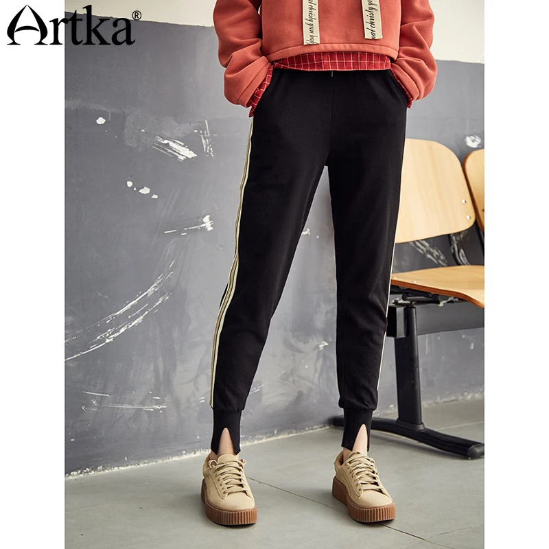 ARTKA 2018 осень и зима новые женские 100% хлопок повседневные свободные тонкие бежевые полосатые брюки сплит женские узкие брюки ZA10085Q