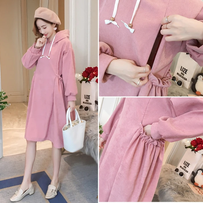 

Long Sleeve Pink Cute Maternity Nursing Dresses Winter Mother Hooded Dress for Pregnant Women Office Lady Party Clothes