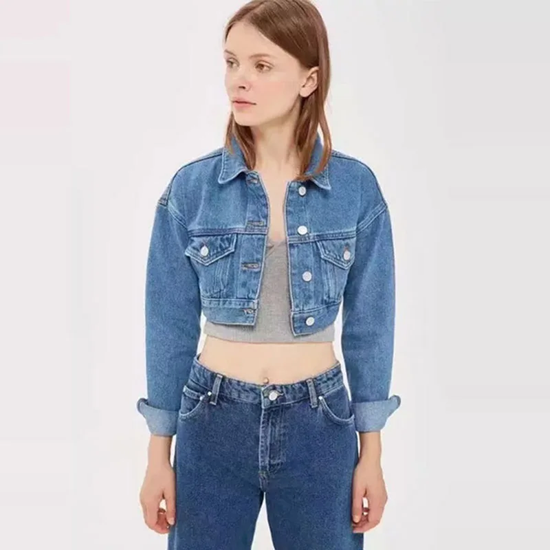 Jacket Women Vintage Denim Jacket Cropped Short Jeans Jackets Long-Sleeve Single Breasted Coat Black Blue Bomber Jacket