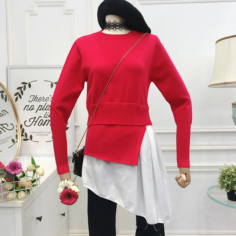 ALPHALMODA осенне-зимние женские свитера, рубашки с асимметричным подолом, лоскутные пуловеры, женские комплекты из двух предметов
