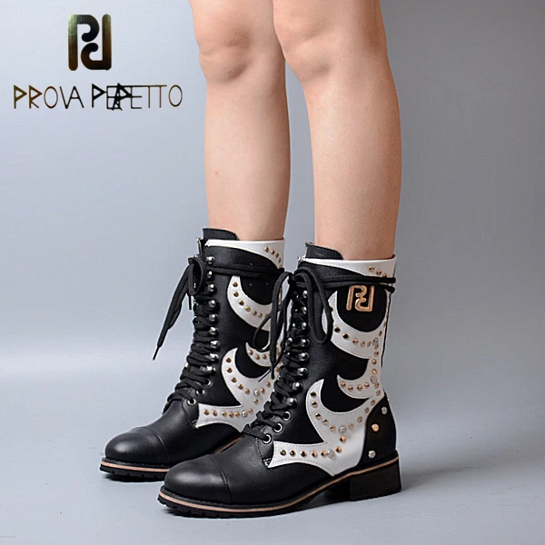

Prova Perfetto Mixed Color Rivets Studded Women Short Martin Boot Square Low Heel Boots Genuine Leather Lace Up Winter Boots