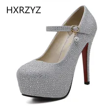 Brand HXRZYZ spring/autumn fashion bling crystal platform 13.5cm super High Heels Buckle Ankle Strap thin heel Pumps Women Shoes
