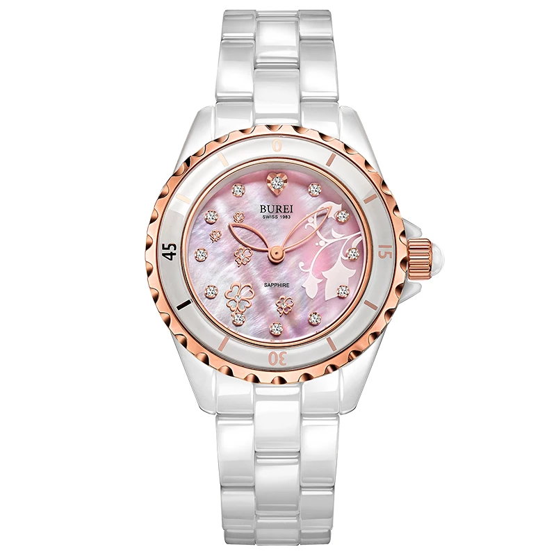 

BUREI 18005 Switzerland watch women luxury brand J12 series pearl Ceramic diamond fashion Clover flower golden relogio feminino