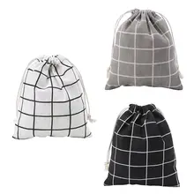 S/M/L Cotton Linen Bag Plaid Printing Women Makeup Case Drawstring Pouch Fashion Toiletry Bags