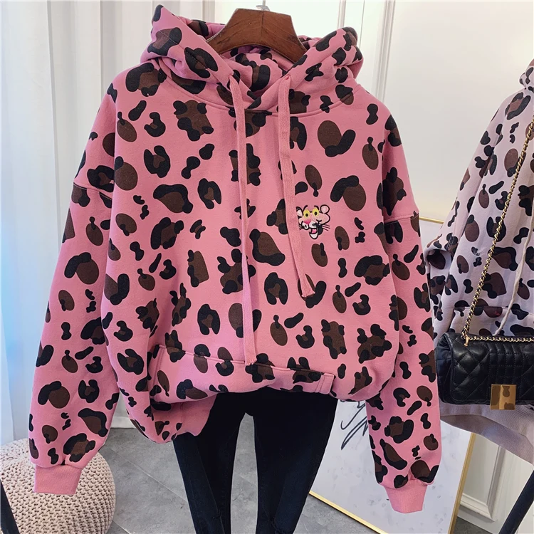 

New Fashion Cute Hoodies Women Pink Panther Loose plus velvet padded leopard print Hoodies Sweatshirt in stock 009