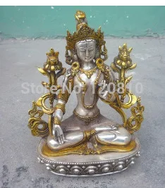 

Free Shipping Rare Old Silver gold-plating carving--Green tara Buddha Statue ,best collection