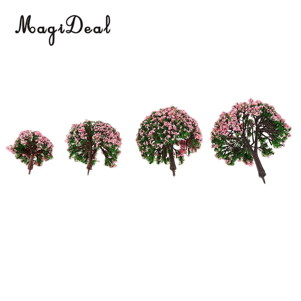 MagiDeal 4Pcs/Lot Scenery Landscape Plastic Model Trees with Pink Flowers for Street Railway Forest Garden House Decor Layout