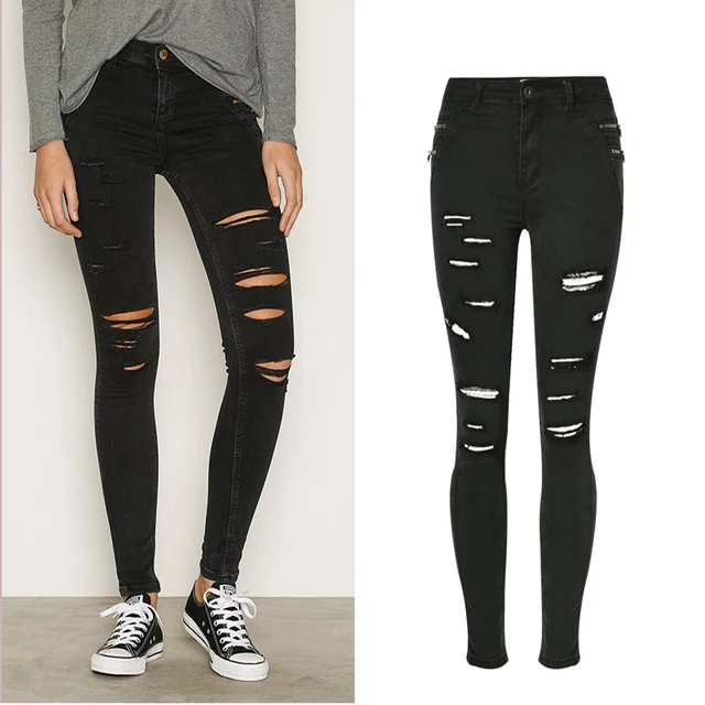 New Fashion Women Black Denim Leggings Pencil Pants Jeans Hole Ripped