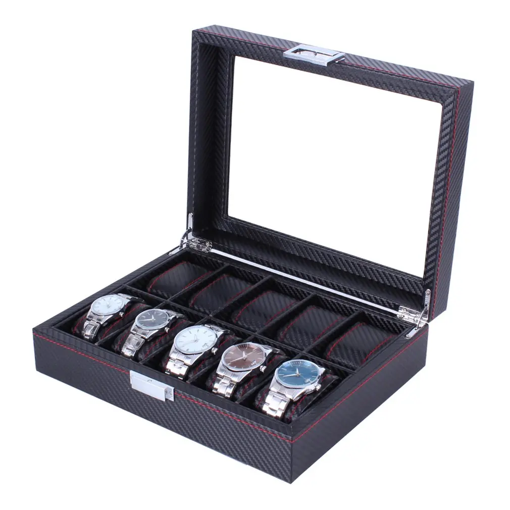 

10 Grids Carbon Fibre Pattern Watch Box Watch Jewelry Display Holder Storage Box Rectangle Black Case Bracelet Jewelry Organizer