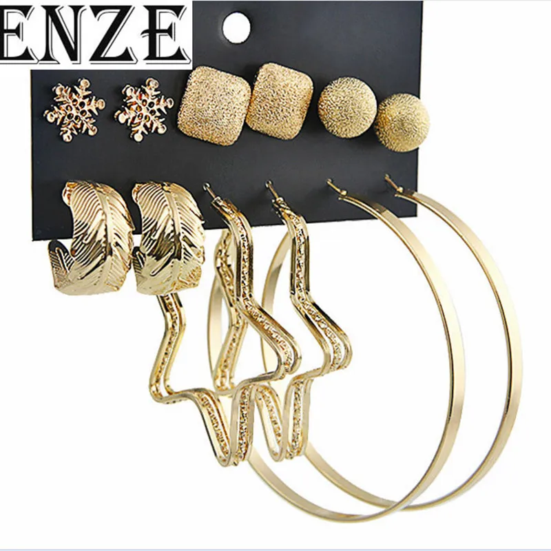 

ENZE Free Shipping Women's Jewelry 6 pairs / set of square snowflake stars exaggerated large round earrings combination