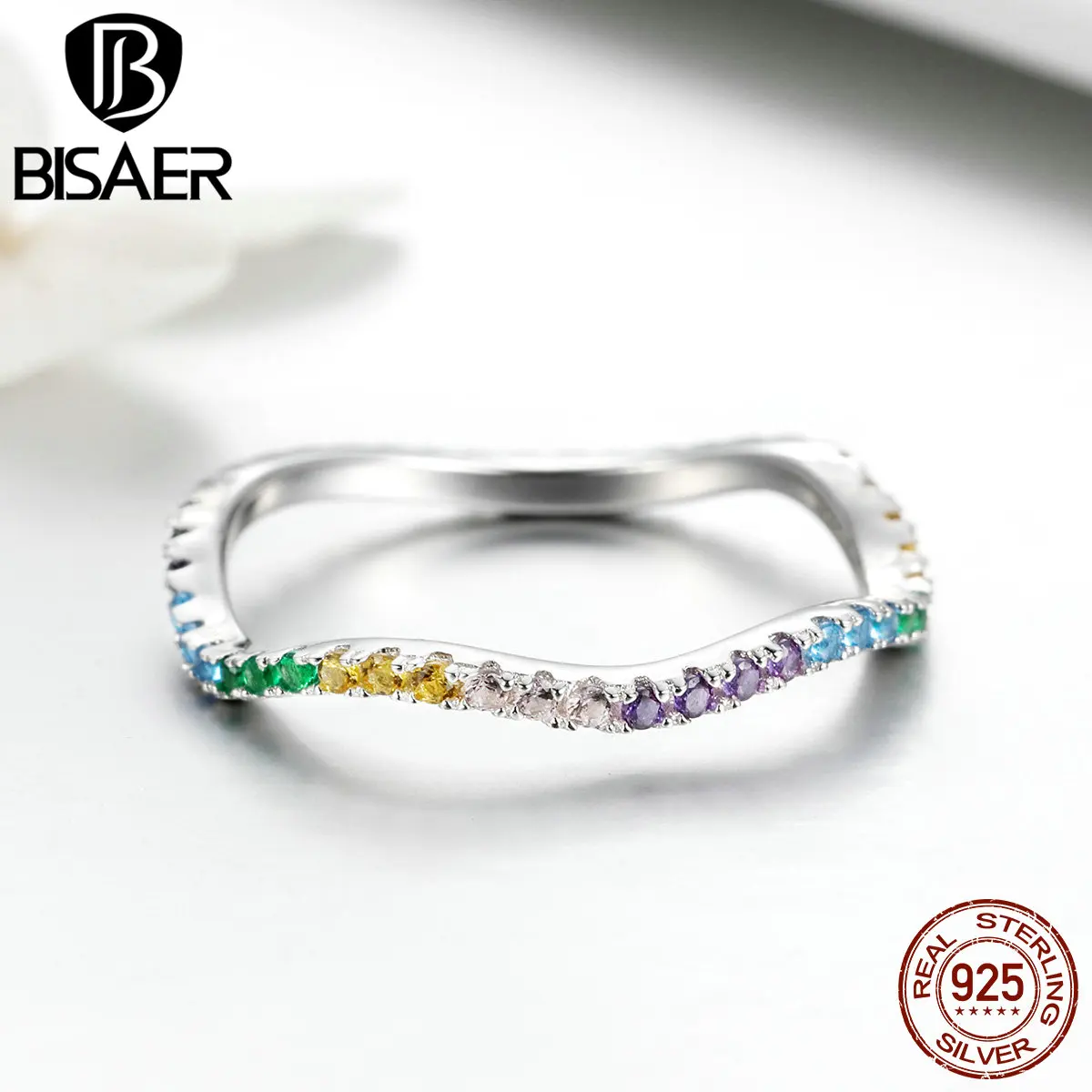 

BISAER Authentic 925 Sterling Silver Color CZ Twisted Round Simple Wedding Rings for Women Sterling Silver Jewelry Anel ECR465