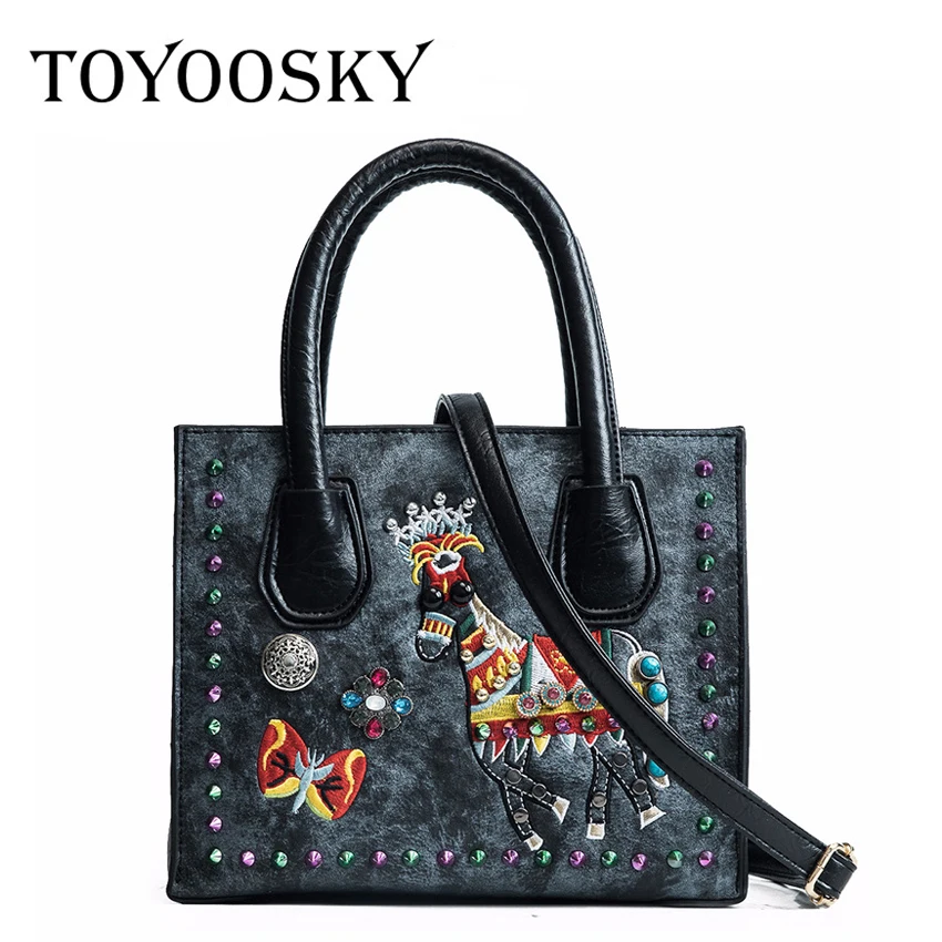 

TOYOOSKY Women Leather Handbags PU Woman Bags Embroidery Horse Women's Messenger Bags Rivet Ladies Tote Bag Female Bolsas