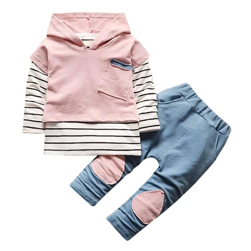 Одежда для маленьких мальчиков и девочек, 3 цвета футболка в полоску с капюшоном Топ+ штаны, комплект одежды, Лидер продаж года, Прямая поставка, ST26 - Цвет: Розовый