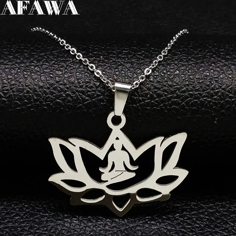 

2019 Yoga Lotus Stainless Steel Necklace for Women Religion Silver Color Chain Necklace Jewelery flor de loto gargantilla N18247