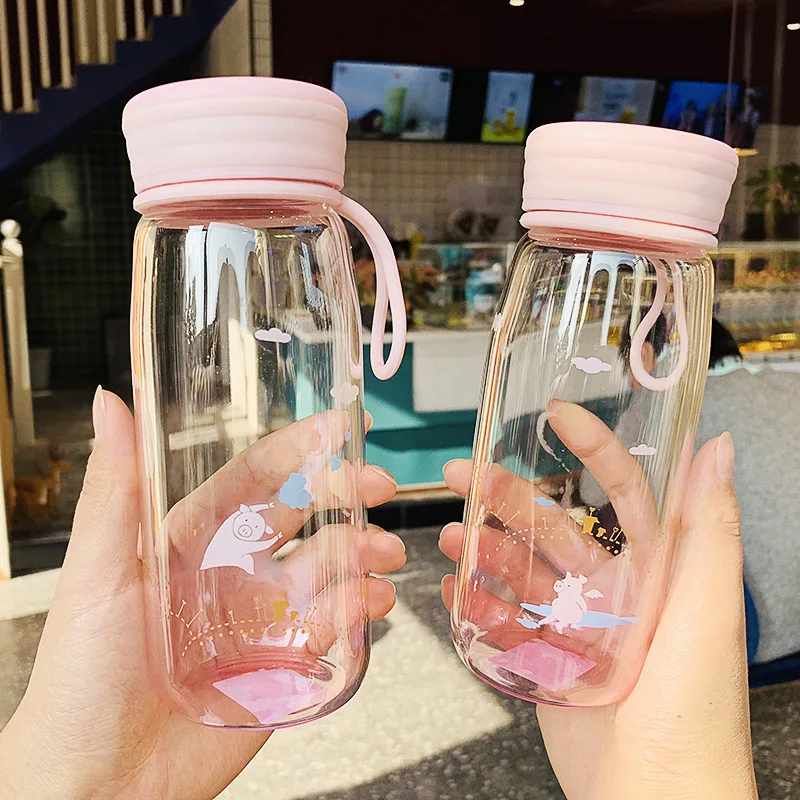 

300/400ml Cute Cartoon Holidy Pink Pig Glass Water Bottle Couple Travel Cup Kids Fruit Lemon Drinkware Office Tea Milk Kettle