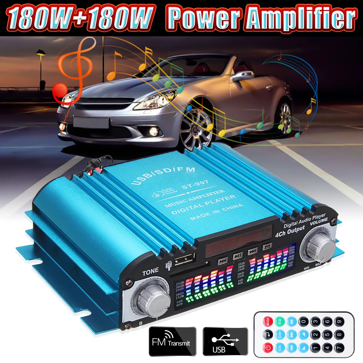 KROAK 360 Вт DC 12 В цифровой аудио стерео усилитель 4CH USB SD FM + пульт дистанционного