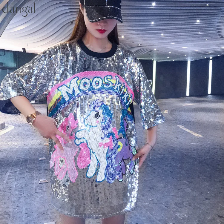 Женская футболка с блестками, женская футболка с блестящими блестками, маленькая лошадь, хип-хоп футболки с круглым вырезом, женские свободные летние топы