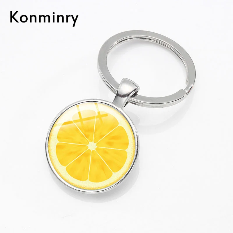 

Lemon Orange Dragon Fruit Slice Key Chains Ring Fruit Picture Glass Pendant Silver Color Keychains For Men Women Gifts Konminry