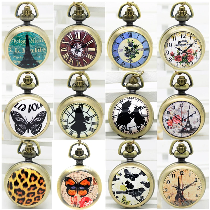 

(APW010) Vintage 12PCS ASSORTED Alice in Wonderland Rabbit Quartz Pocket Watch Necklace With mirror inside, Wholesale,