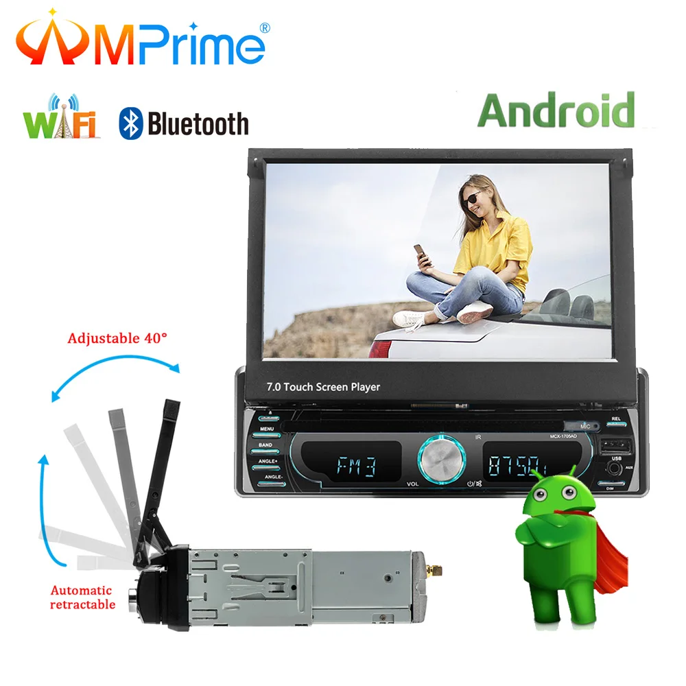 AMPrime 1Din автомобильный радиоприемник Android 7 &quotавтоматический выдвижной