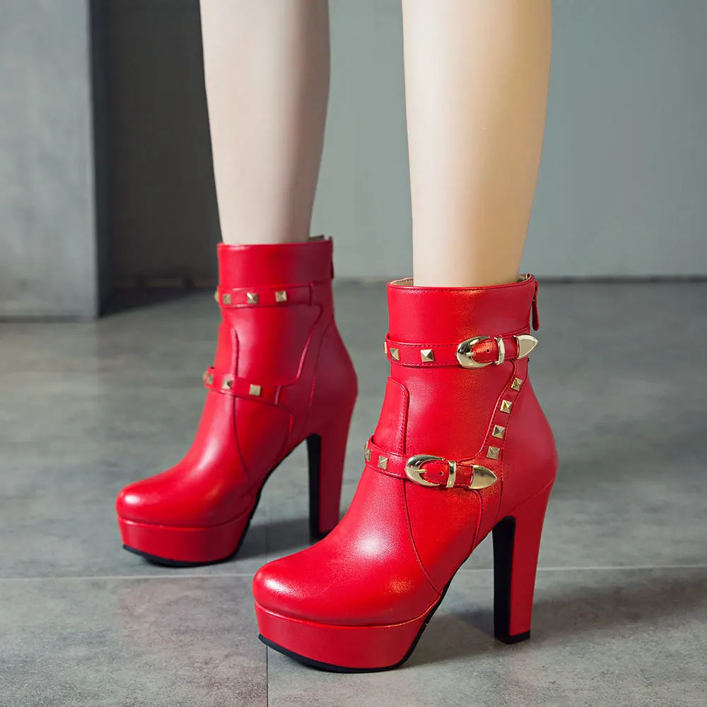 Sgesvier/Большие размеры 34-48, модные осенне-зимние ботинки на платформе с круглым носком на молнии ботильоны на высоком каблуке с заклепками и пряжкой женские G665 - Цвет: Красный