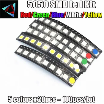

100pcs 5 Color*20pcs SMD/SMT 5050 LED Red Yellow Green Blue White each 20pcs PLCC-6 CHIP-3 Super Bright lamp light High